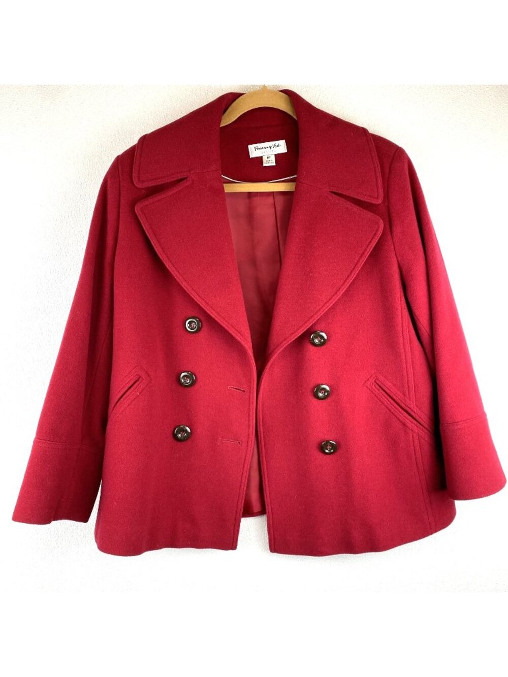 Preston & York Womens Petite 8P Red Peacoat Double-Breasted Wool Blend Peacoat